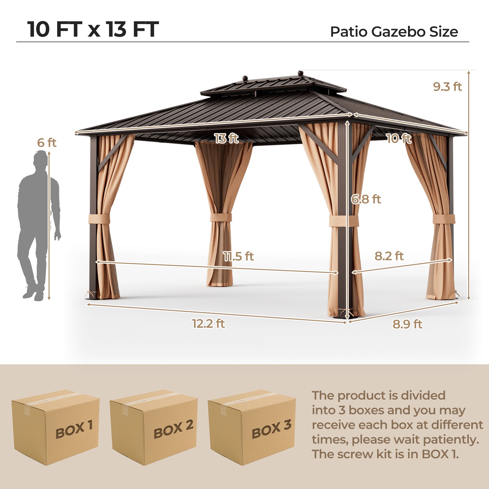10x13ft Double-Roof Patio Hardtop Gazebo with Galvanized Steel Roof Netting and Curtains, Coffee Gazebos at Gallery Canada