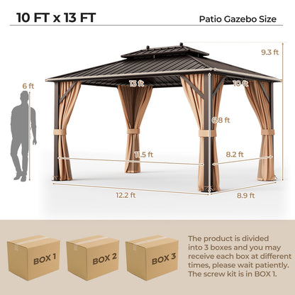 10x13ft Double-Roof Patio Hardtop Gazebo with Galvanized Steel Roof Netting and Curtains, Coffee Gazebos at Gallery Canada