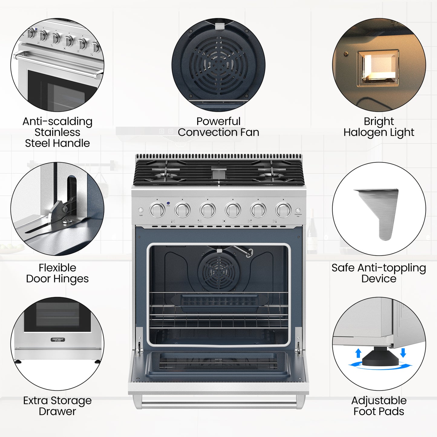 30 Inches 120V Natural Gas Range with 5 Burners Cooktop, Silver Toaster Ovens at Gallery Canada