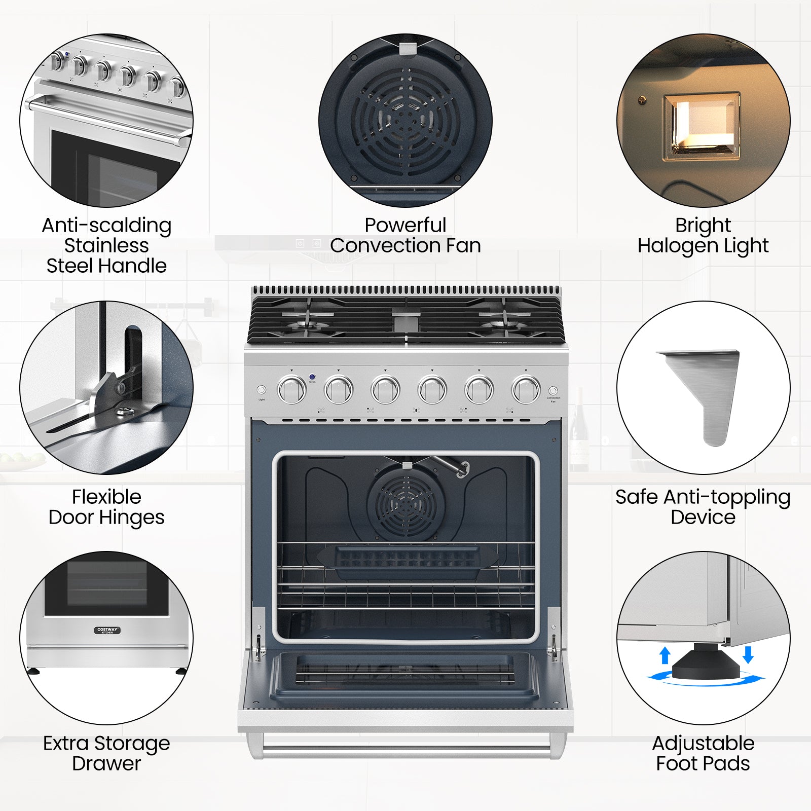 30 Inches 120V Natural Gas Range with 5 Burners Cooktop, Silver Toaster Ovens at Gallery Canada