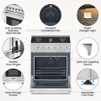 30 Inches 120V Natural Gas Range with 5 Burners Cooktop, Silver Toaster Ovens at Gallery Canada