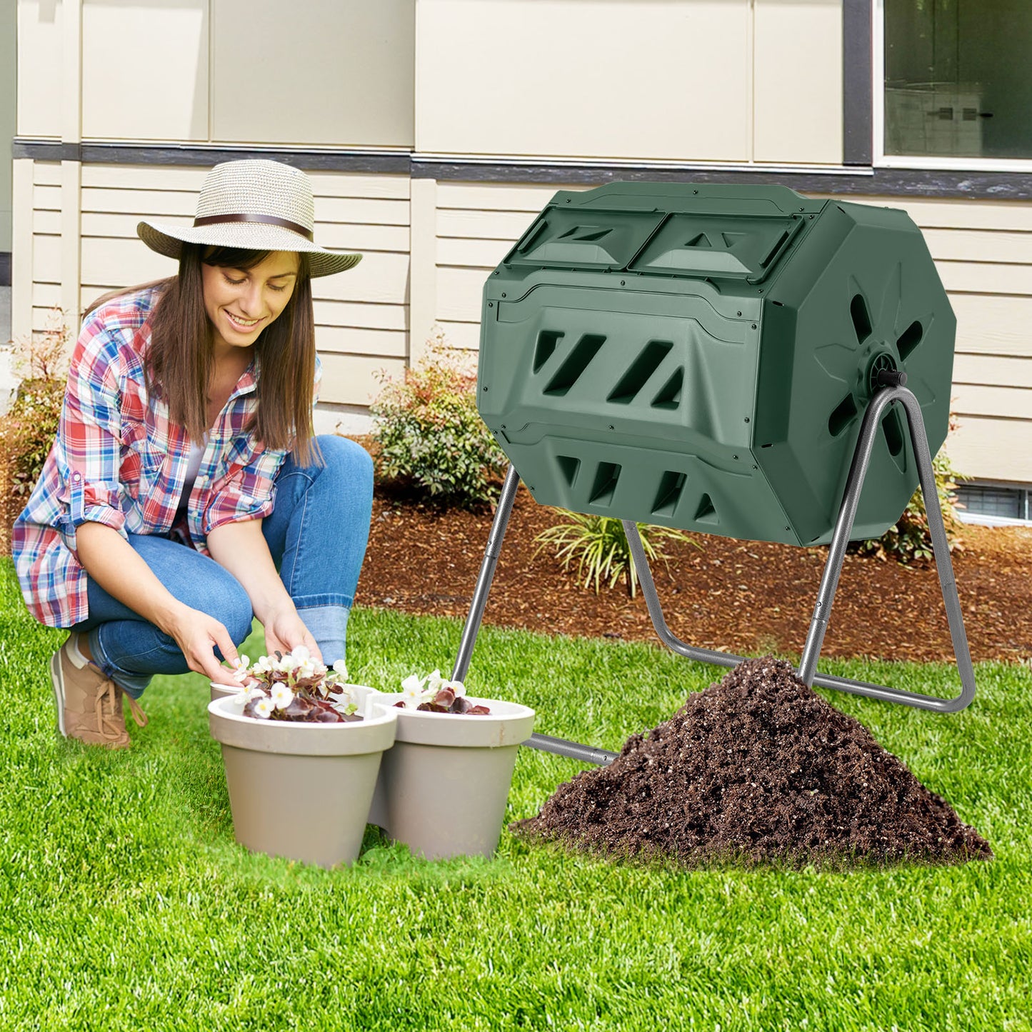 360° Rotatable Tumbling Composter with 2 Sliding Doors, Green Garden Tools at Gallery Canada