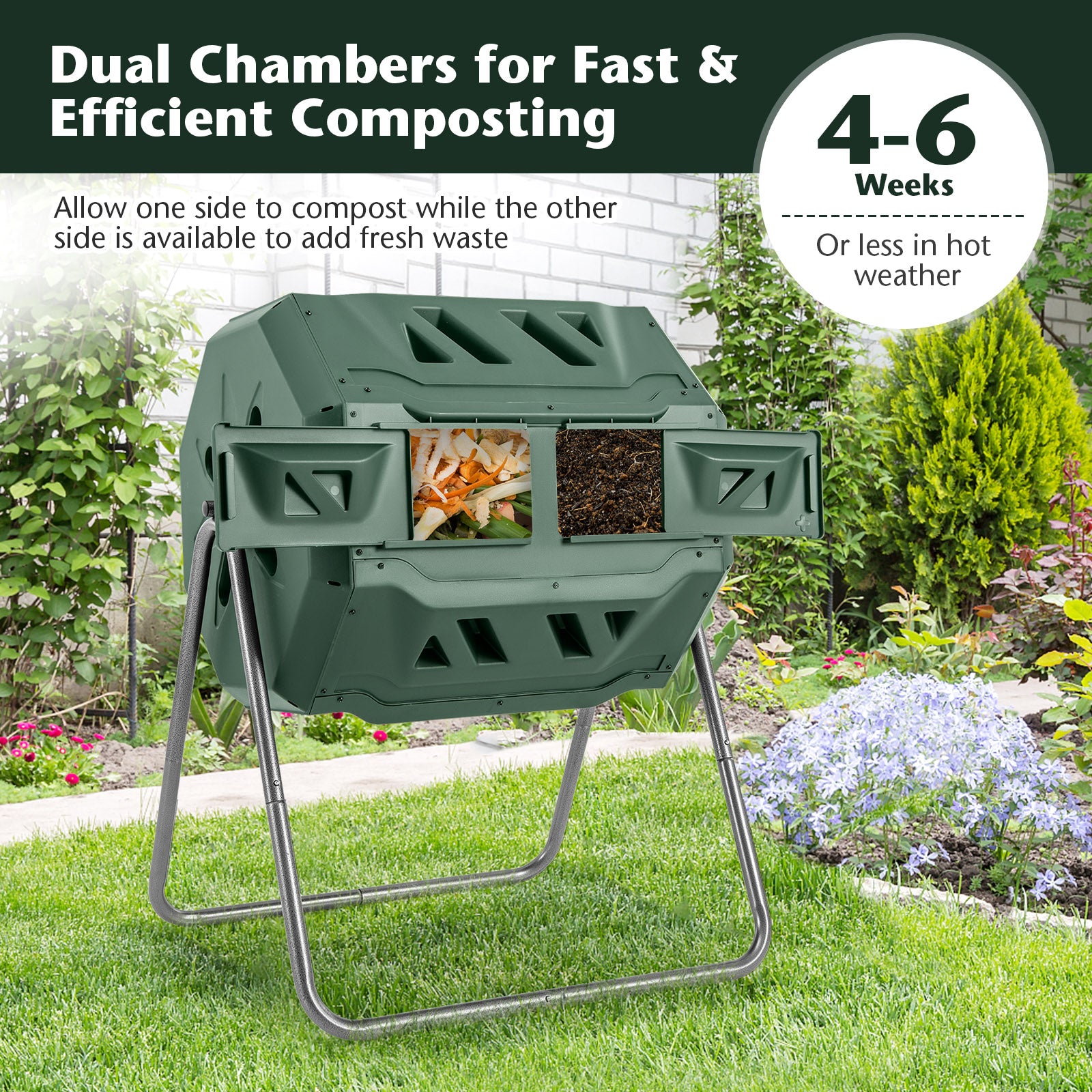 360° Rotatable Tumbling Composter with 2 Sliding Doors, Green Garden Tools at Gallery Canada