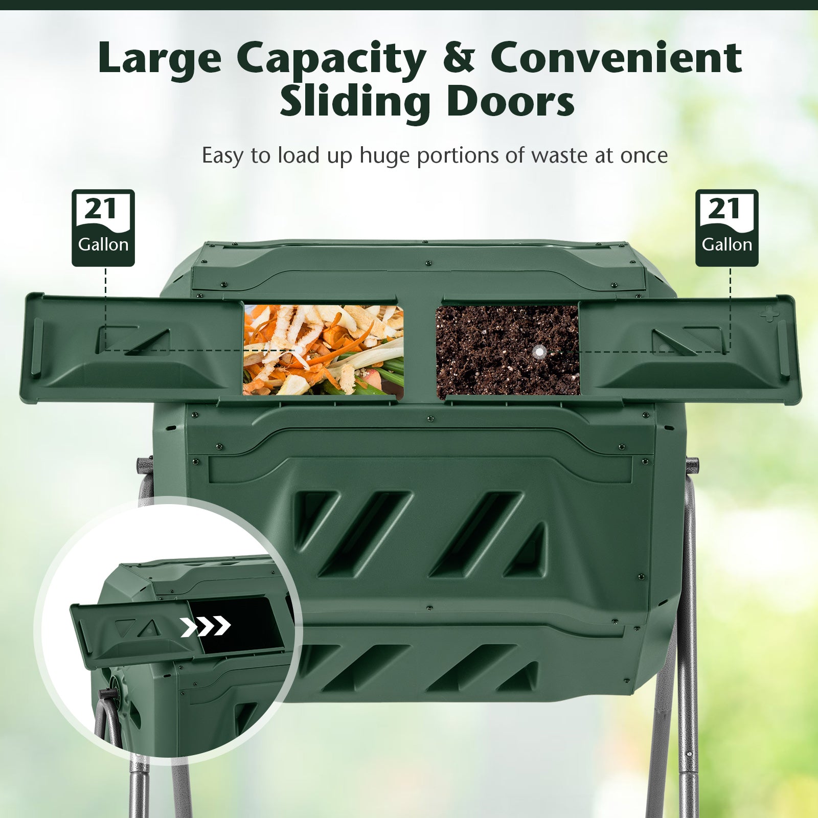 360° Rotatable Tumbling Composter with 2 Sliding Doors, Green Garden Tools at Gallery Canada