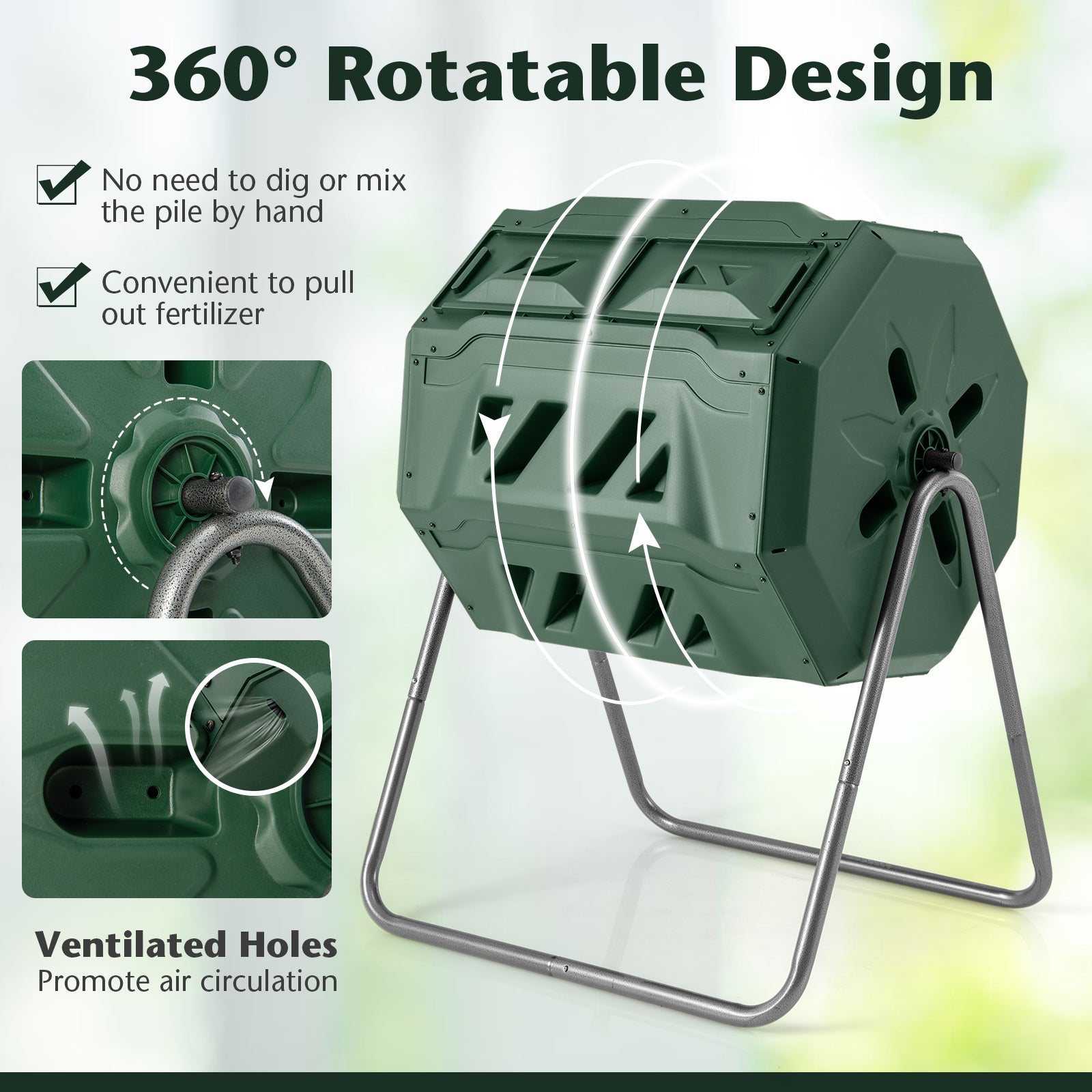 360° Rotatable Tumbling Composter with 2 Sliding Doors, Green Garden Tools at Gallery Canada
