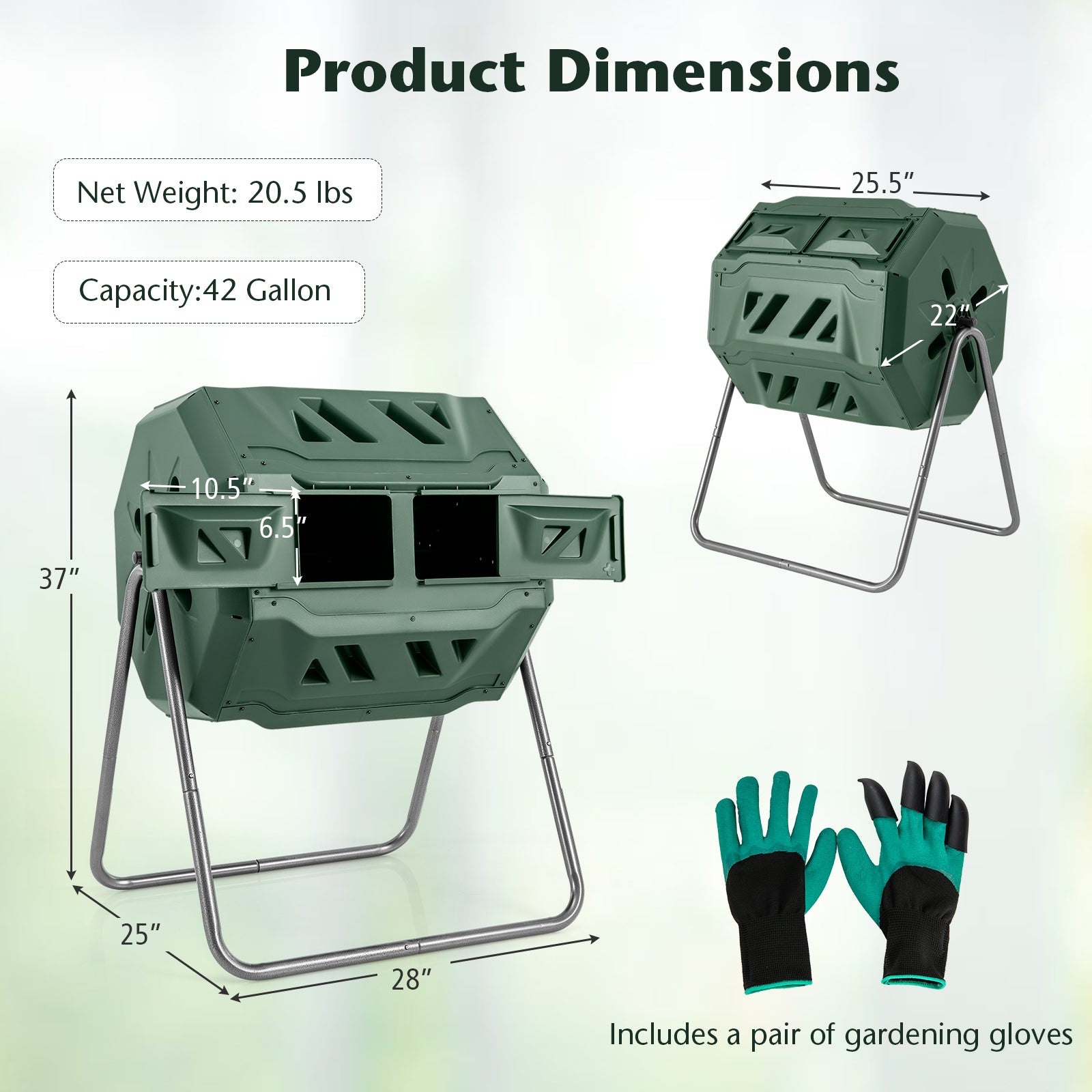 360° Rotatable Tumbling Composter with 2 Sliding Doors, Green Garden Tools at Gallery Canada