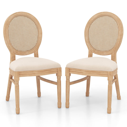 Set of 2 Dining Chairs French Style Kitchen Chair with Hand-Woven Rattan Backrest, Beige