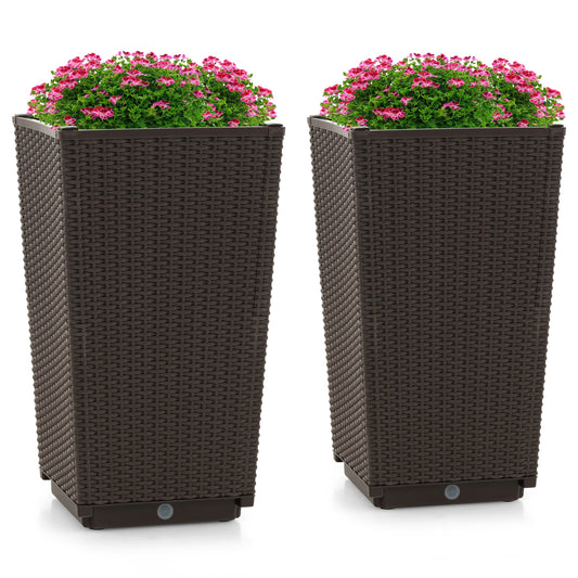 Outdoor Wicker Flower Pot Set of 2 with Drainage Hole for Porch Balcony, Brown Raised Garden Beds Brown at Gallery Canada