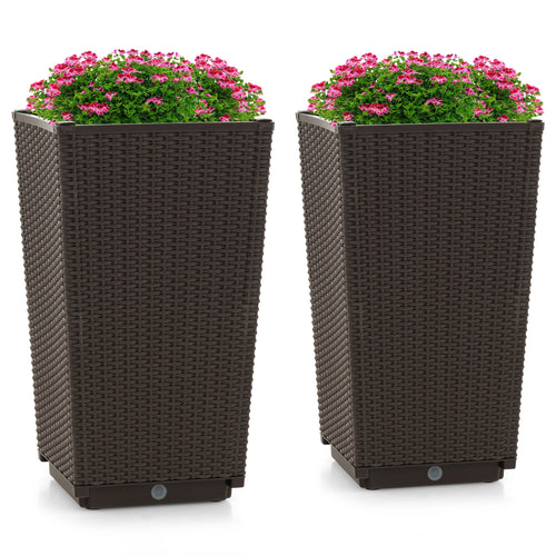 Outdoor Wicker Flower Pot Set of 2 with Drainage Hole for Porch Balcony, Brown