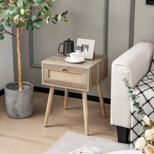 Modern Rattan Nightstand with Drawer and Solid Wood Legs for Bedroom and Living Room, Natural Nightstands Natural at Gallery Canada