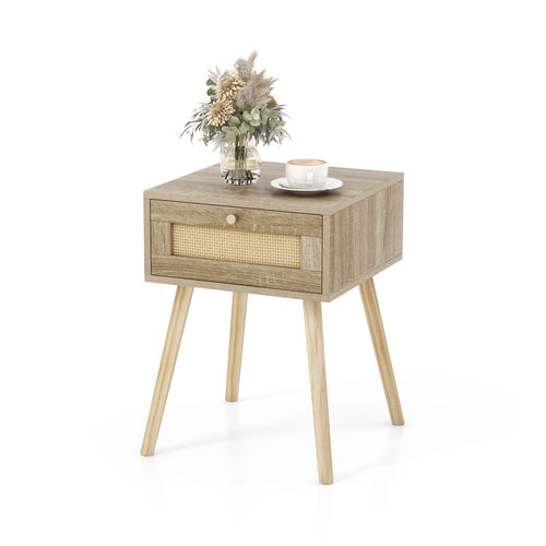 Modern Rattan Nightstand with Drawer and Solid Wood Legs for Bedroom and Living Room, Natural