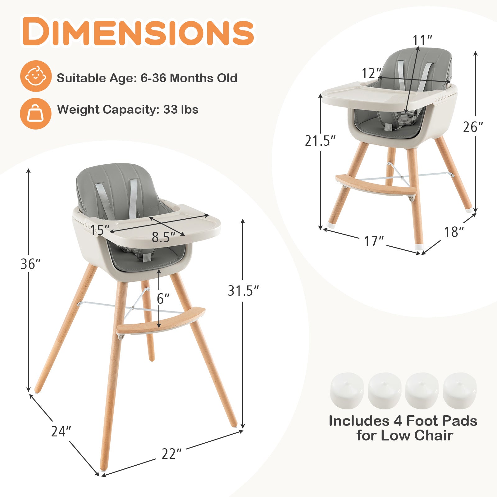 3-in-1 Convertible Wooden High Chair with Cushion, Gray High Chairs at Gallery Canada