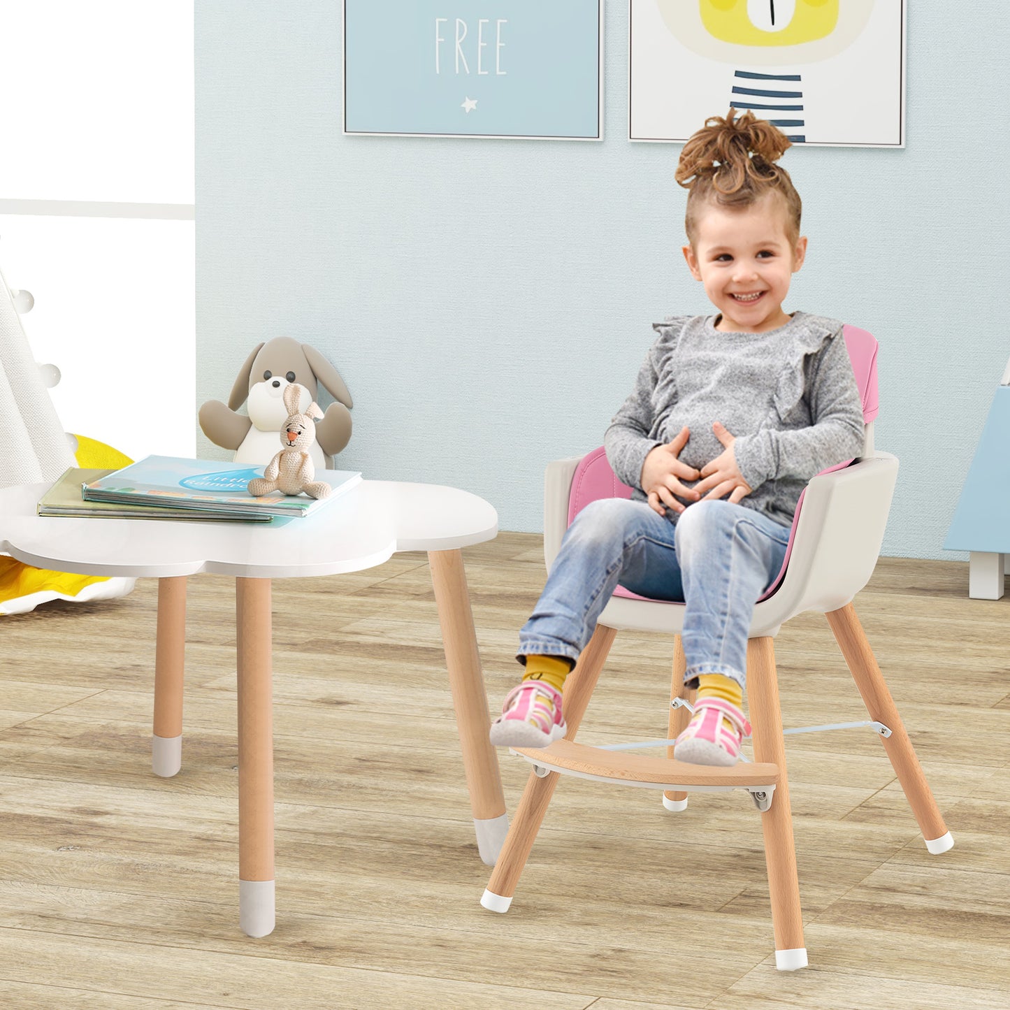 3-in-1 Convertible Wooden High Chair with Cushion, Pink High Chairs at Gallery Canada