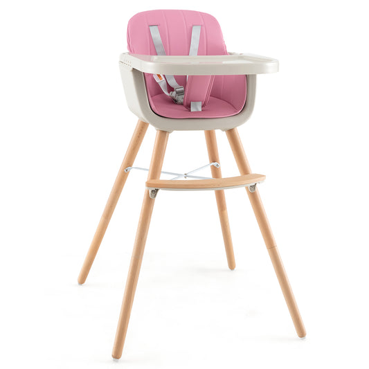 3-In-1 Convertible Wooden High Chair With Cushion, Pink