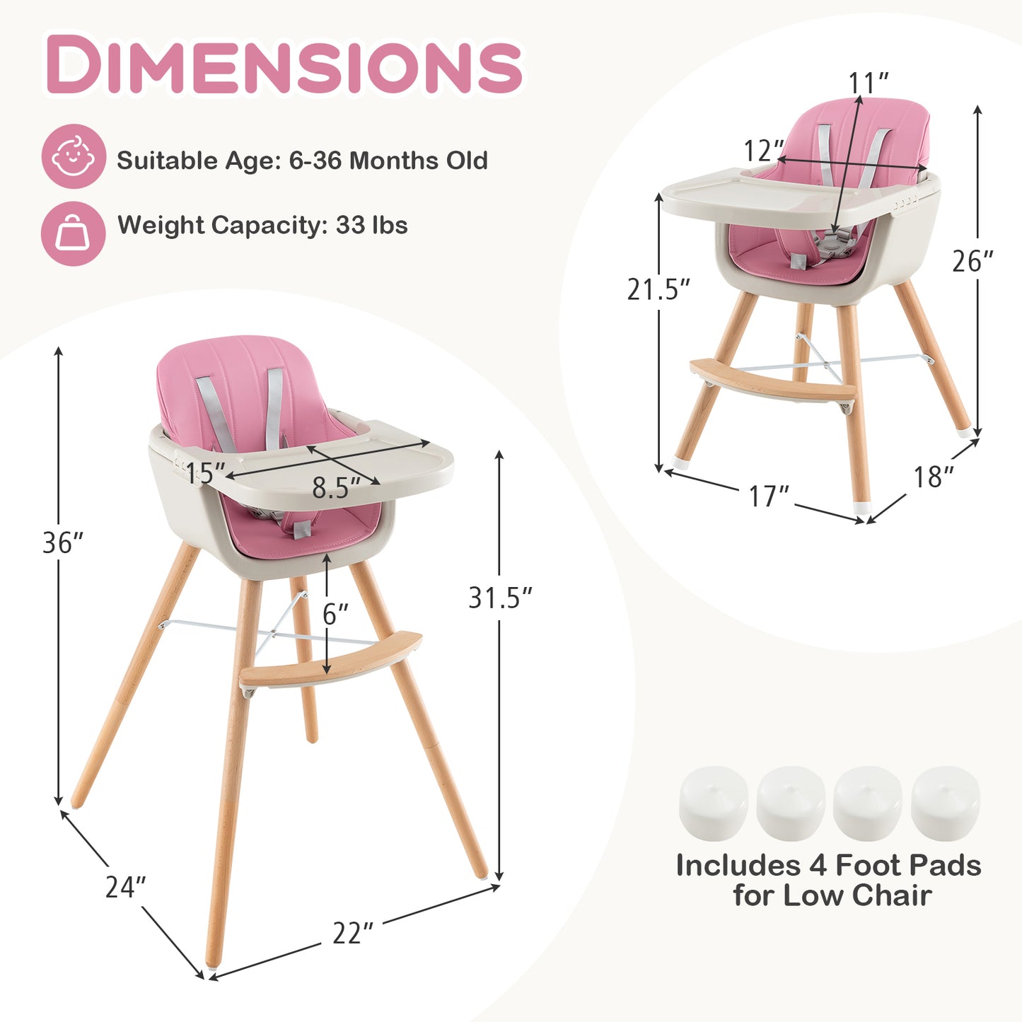 3-in-1 Convertible Wooden High Chair with Cushion, Pink High Chairs at Gallery Canada