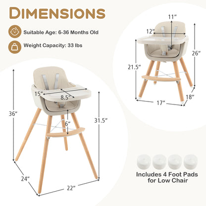 3-in-1 Convertible Wooden High Chair with Cushion, Beige High Chairs at Gallery Canada