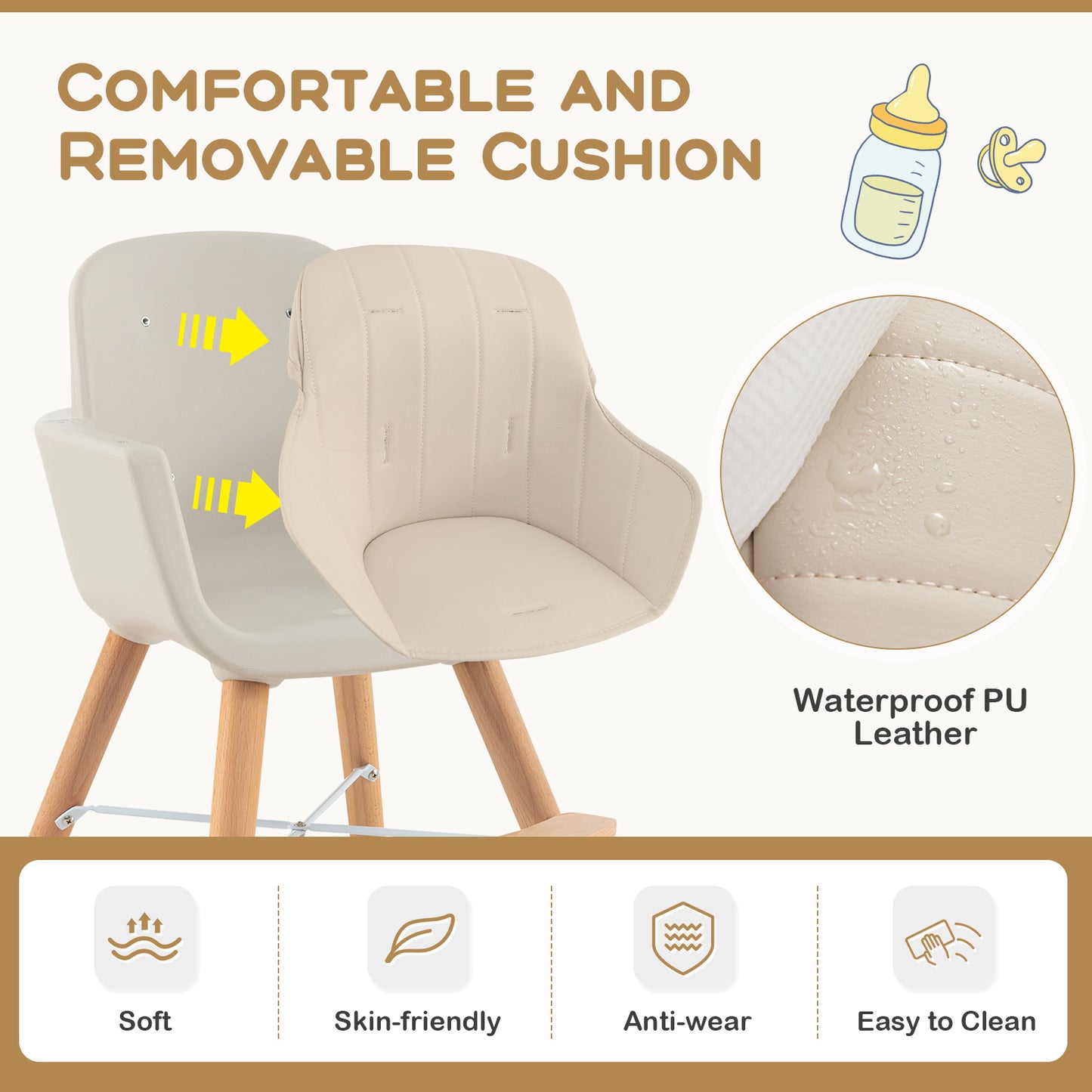 3-in-1 Convertible Wooden High Chair with Cushion, Beige High Chairs at Gallery Canada