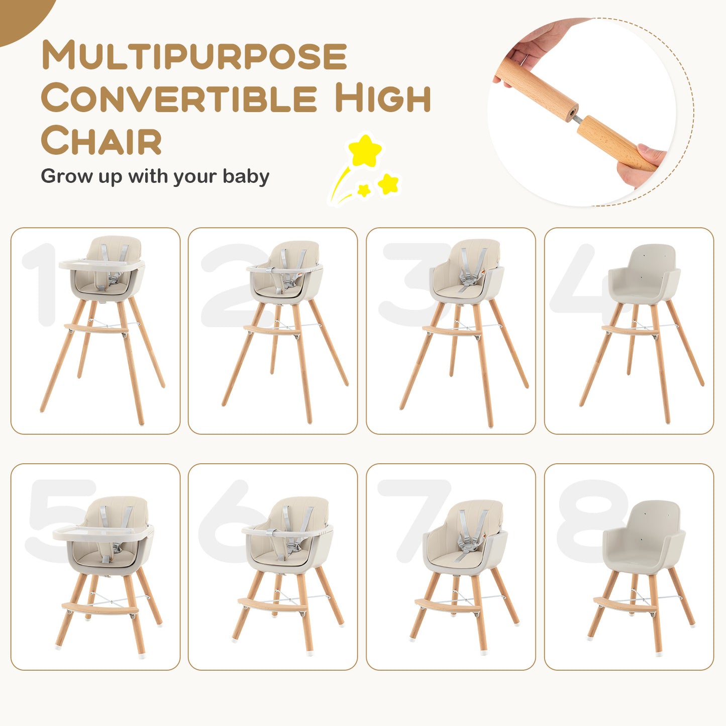 3-in-1 Convertible Wooden High Chair with Cushion, Beige High Chairs at Gallery Canada