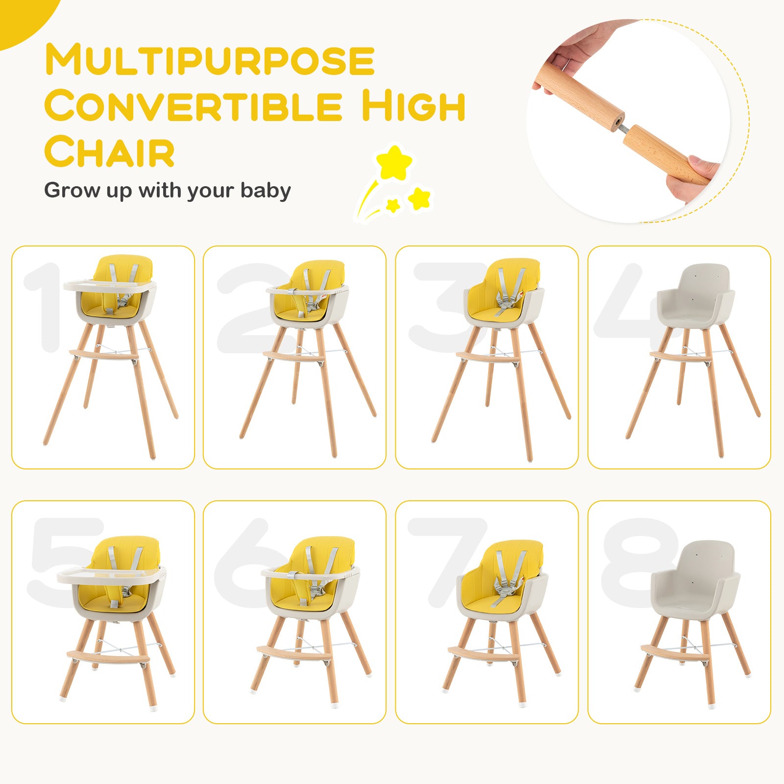 3-in-1 Convertible Wooden High Chair with Cushion, Yellow High Chairs at Gallery Canada