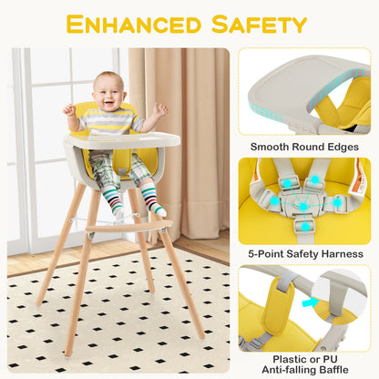 3-in-1 Convertible Wooden High Chair with Cushion, Yellow High Chairs at Gallery Canada