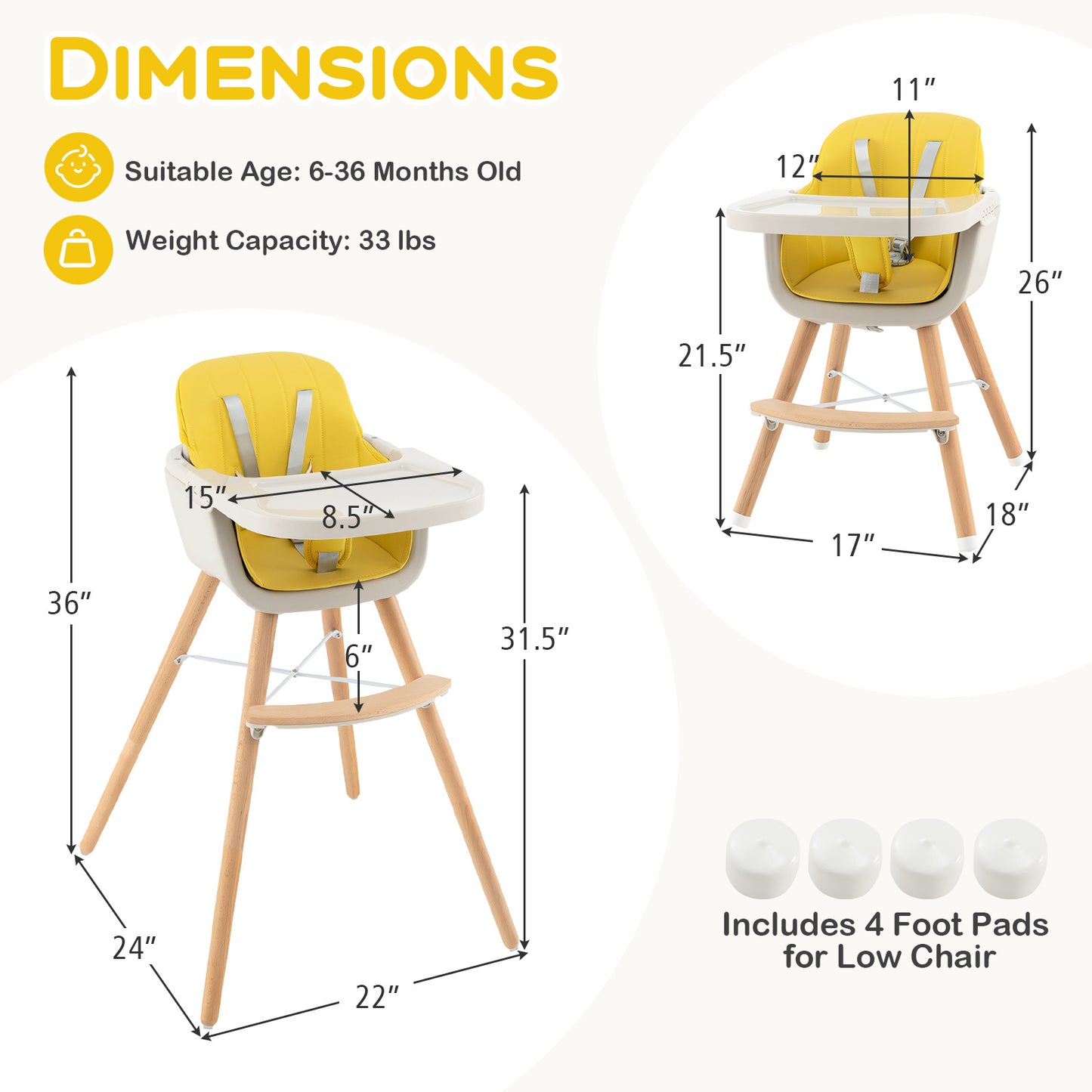 3-in-1 Convertible Wooden High Chair with Cushion, Yellow High Chairs at Gallery Canada