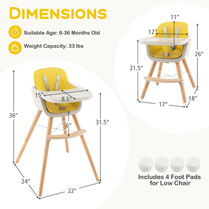 3-in-1 Convertible Wooden High Chair with Cushion, Yellow High Chairs at Gallery Canada