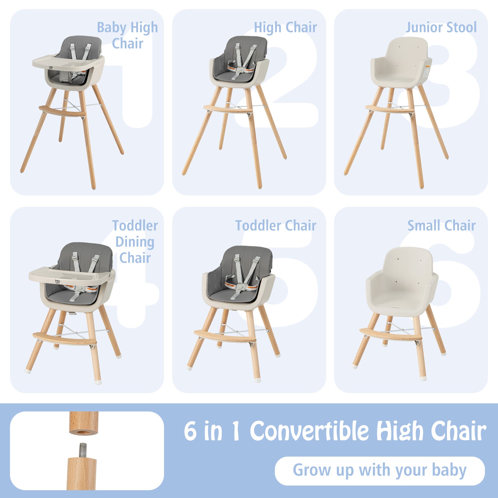 3-in-1 Convertible Wooden High Chair with Cushion, Light Gray High Chairs at Gallery Canada