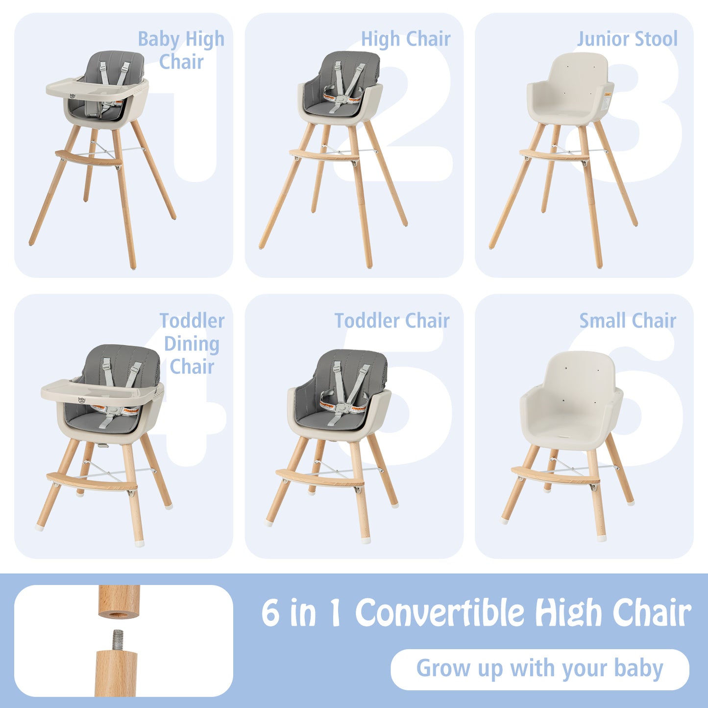 3-in-1 Convertible Wooden High Chair with Cushion, Light Gray High Chairs at Gallery Canada