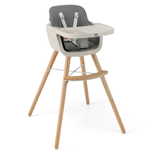 Convertible Wooden High Chair With Cushion, Light Gray