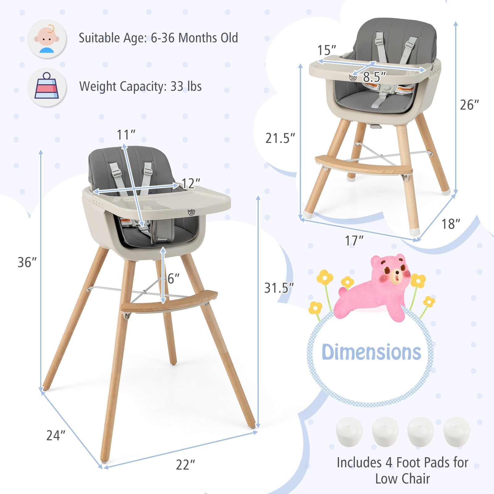 3-in-1 Convertible Wooden High Chair with Cushion, Light Gray High Chairs at Gallery Canada