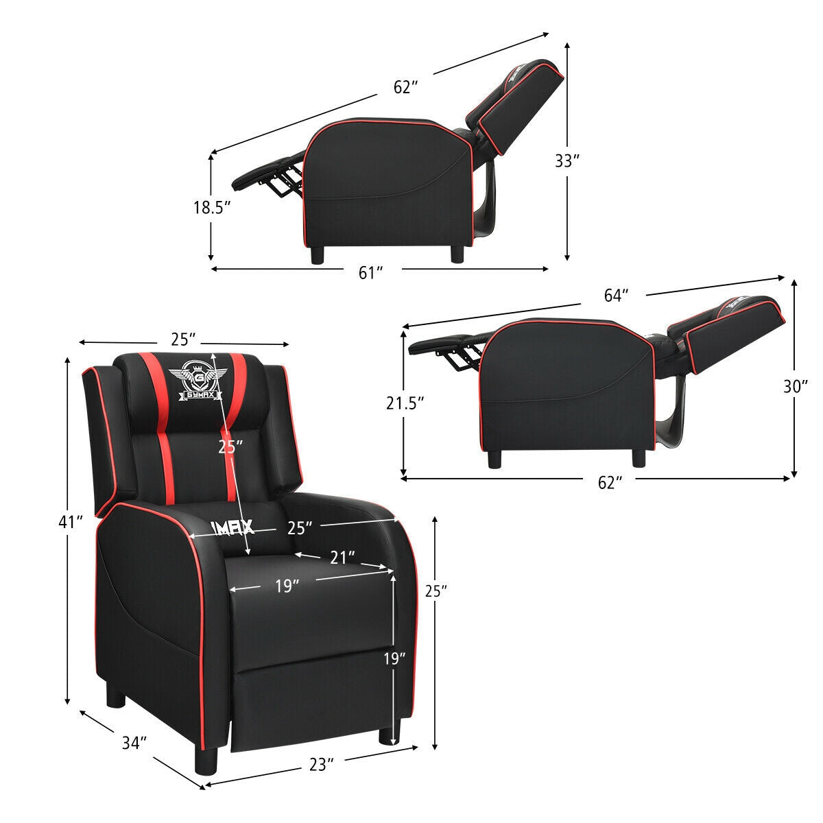 Massage Racing Gaming Single Recliner Chair, Red Gaming Chairs at Gallery Canada