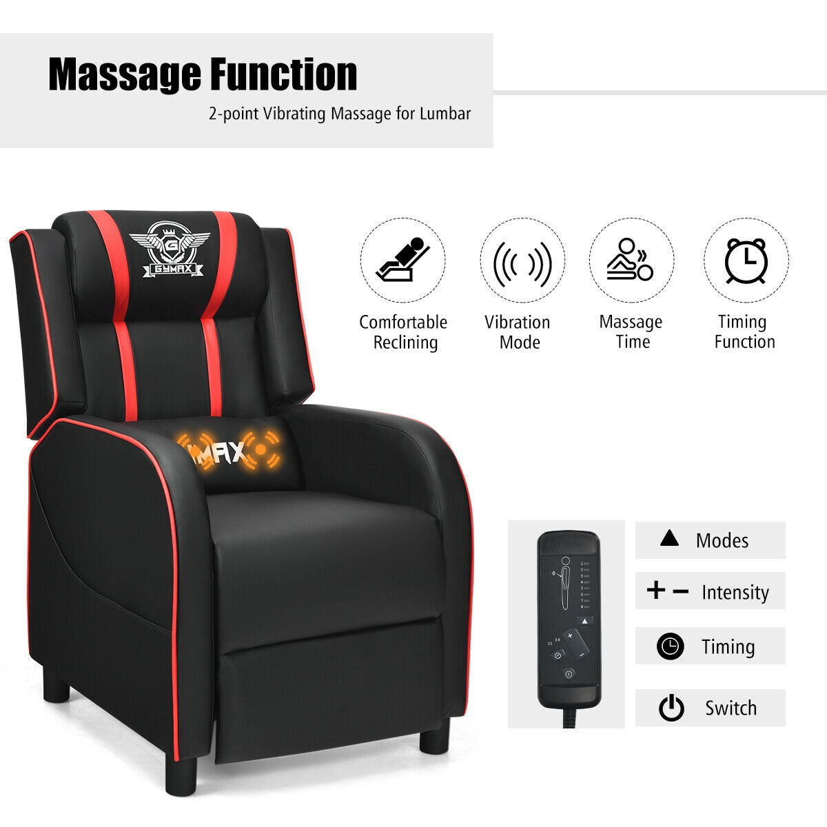 Massage Racing Gaming Single Recliner Chair, Red Gaming Chairs at Gallery Canada