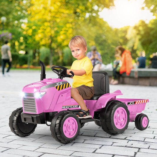 12V Kids Ride On Tractor with Trailer and Remote Control, Pink - Gallery Canada