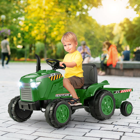 12V Kids Ride On Tractor with Trailer and Remote Control, Dark Green Powered Ride On Toys Dark Green at Gallery Canada