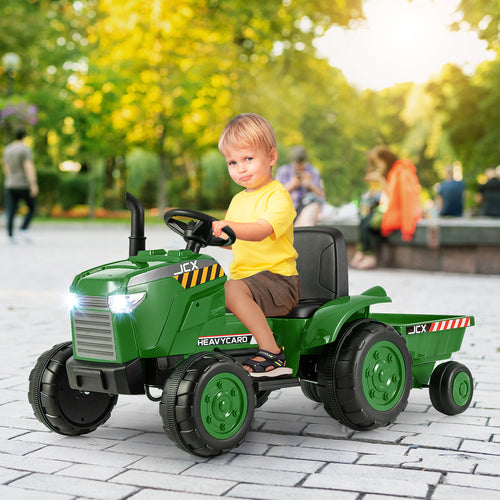 12V Kids Ride On Tractor with Trailer and Remote Control, Dark Green