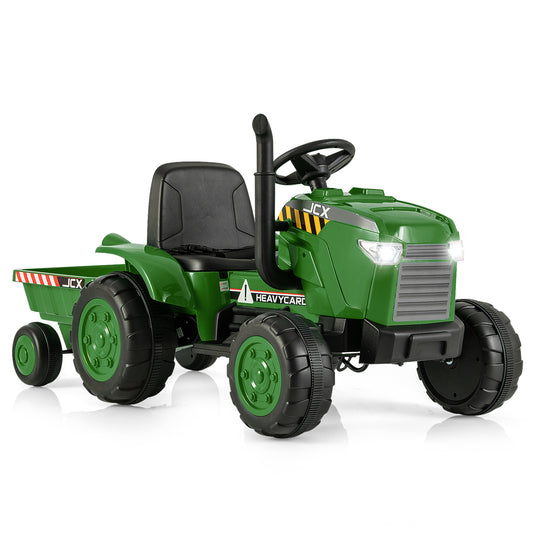 12V Kids Ride On Tractor with Trailer and Remote Control, Dark Green Powered Ride On Toys Dark Green at Gallery Canada