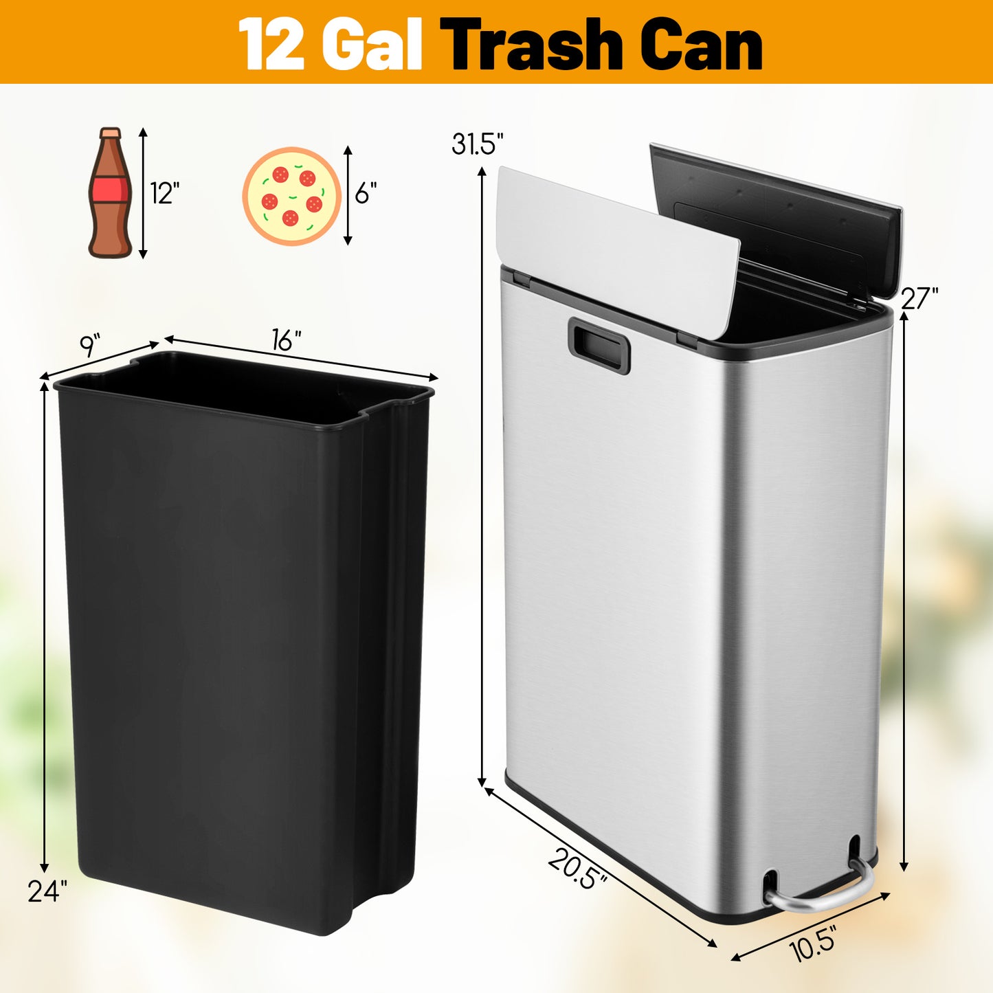 12 Gal Stainless Steel Trash Can with Soft-Closing Wing Lids, Silver Kitchen Utensils at Gallery Canada