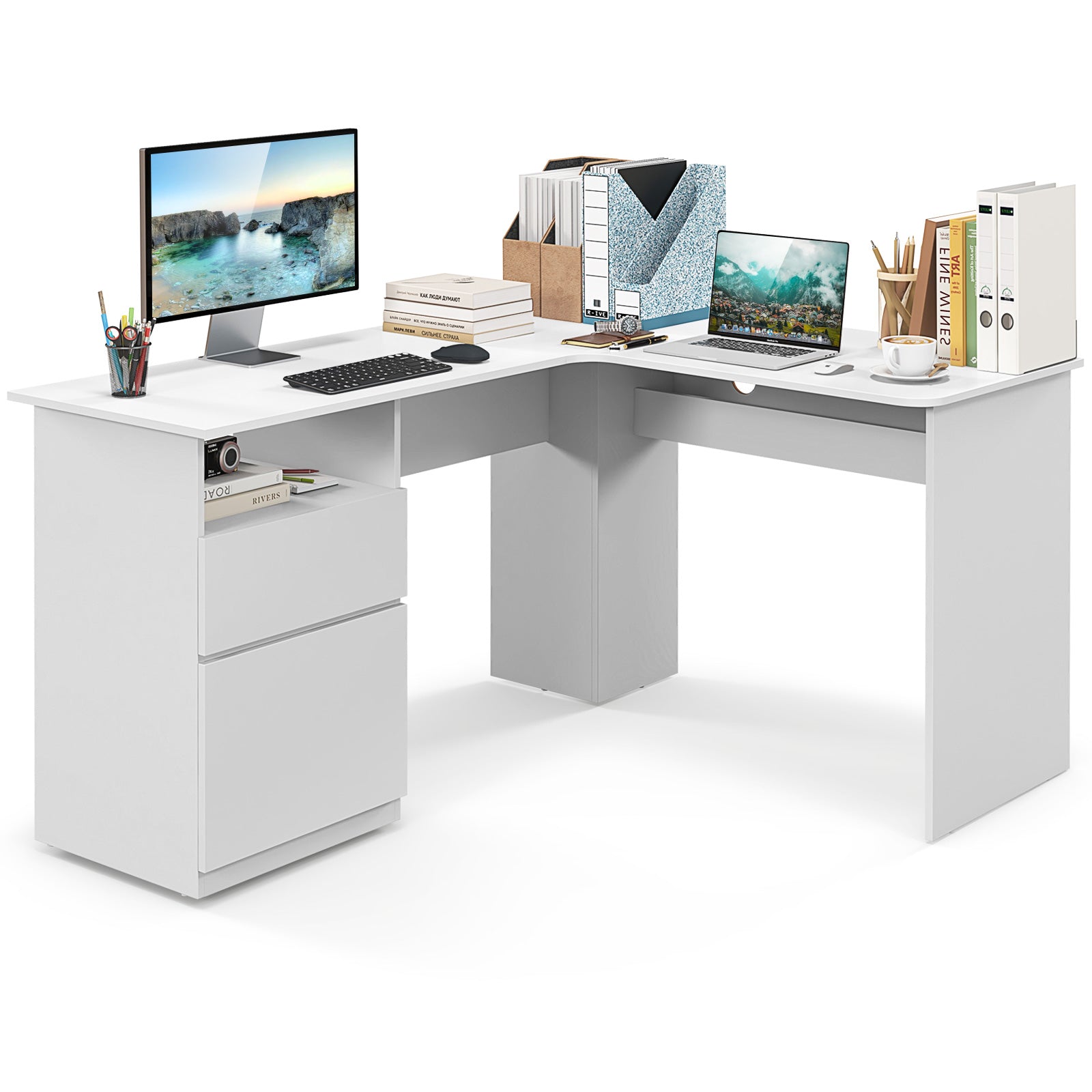L-Shaped Computer Desk with Letter File Drawer, White L-Shaped Desks at Gallery Canada