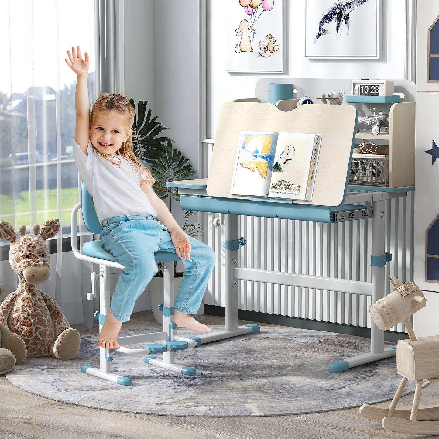 Height Adjustable Kids Study Desk with Tilt Desktop for 3-12 Years Old, Blue Kids Table & Chair Sets at Gallery Canada