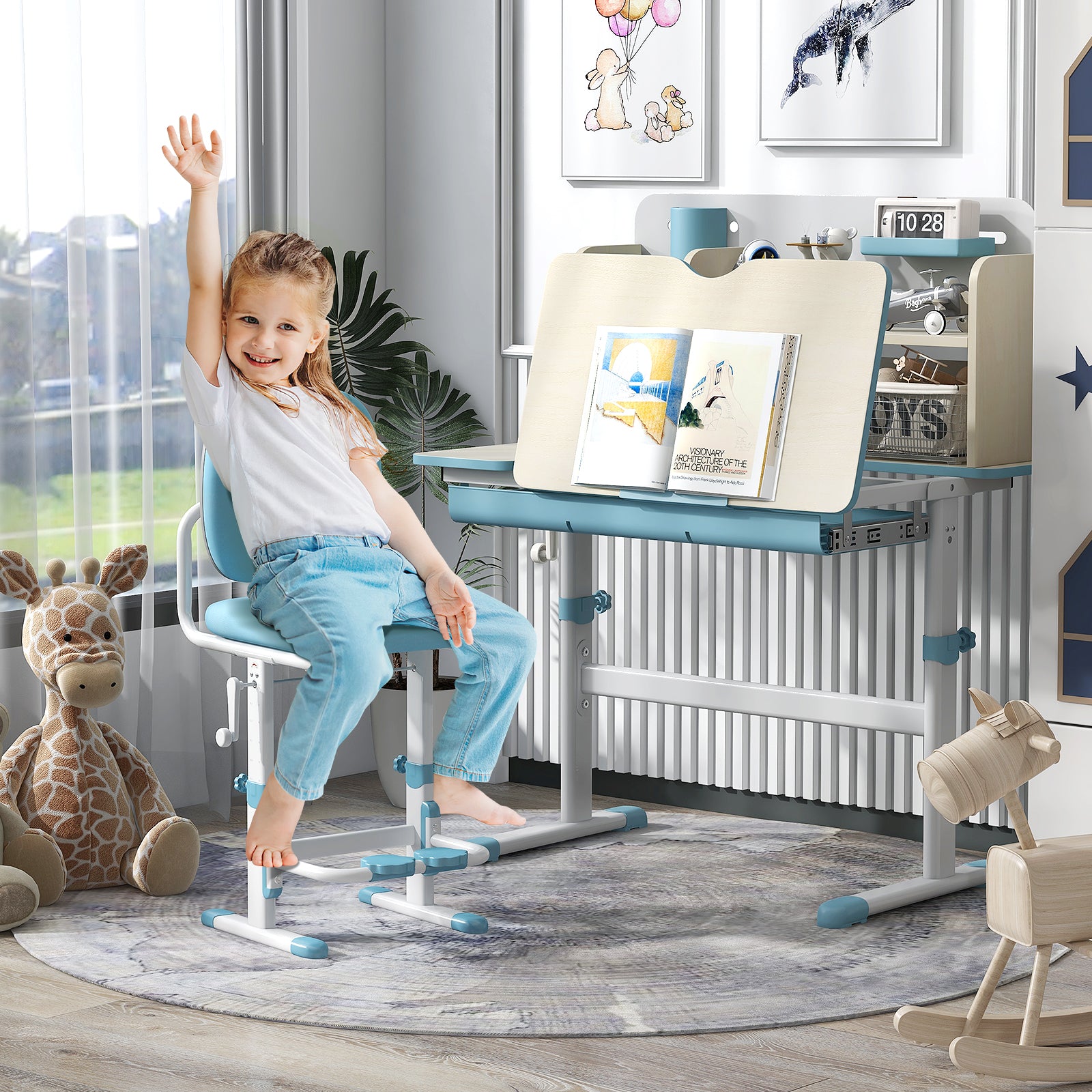 Height Adjustable Kids Study Desk with Tilt Desktop for 3-12 Years Old, Blue Kids Table & Chair Sets at Gallery Canada