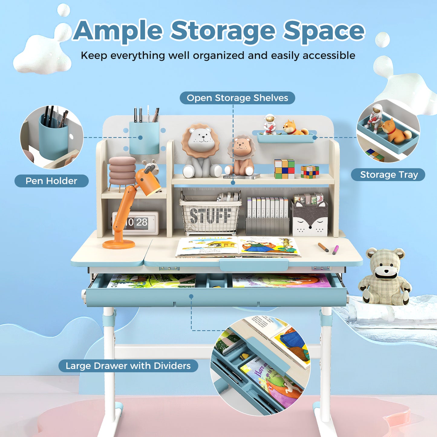 Height Adjustable Kids Study Desk with Tilt Desktop for 3-12 Years Old, Blue Kids Table & Chair Sets at Gallery Canada