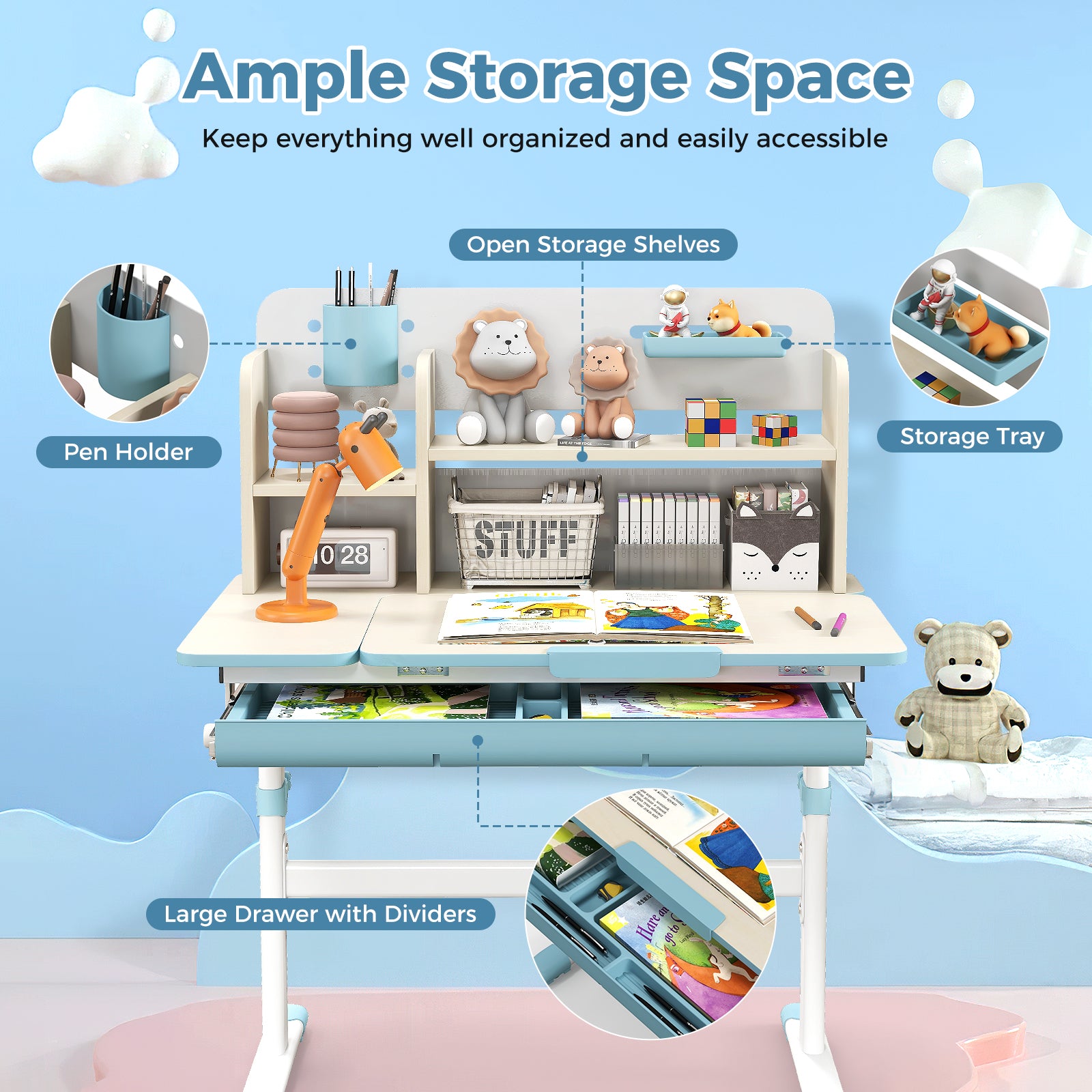 Height Adjustable Kids Study Desk with Tilt Desktop for 3-12 Years Old, Blue Kids Table & Chair Sets at Gallery Canada