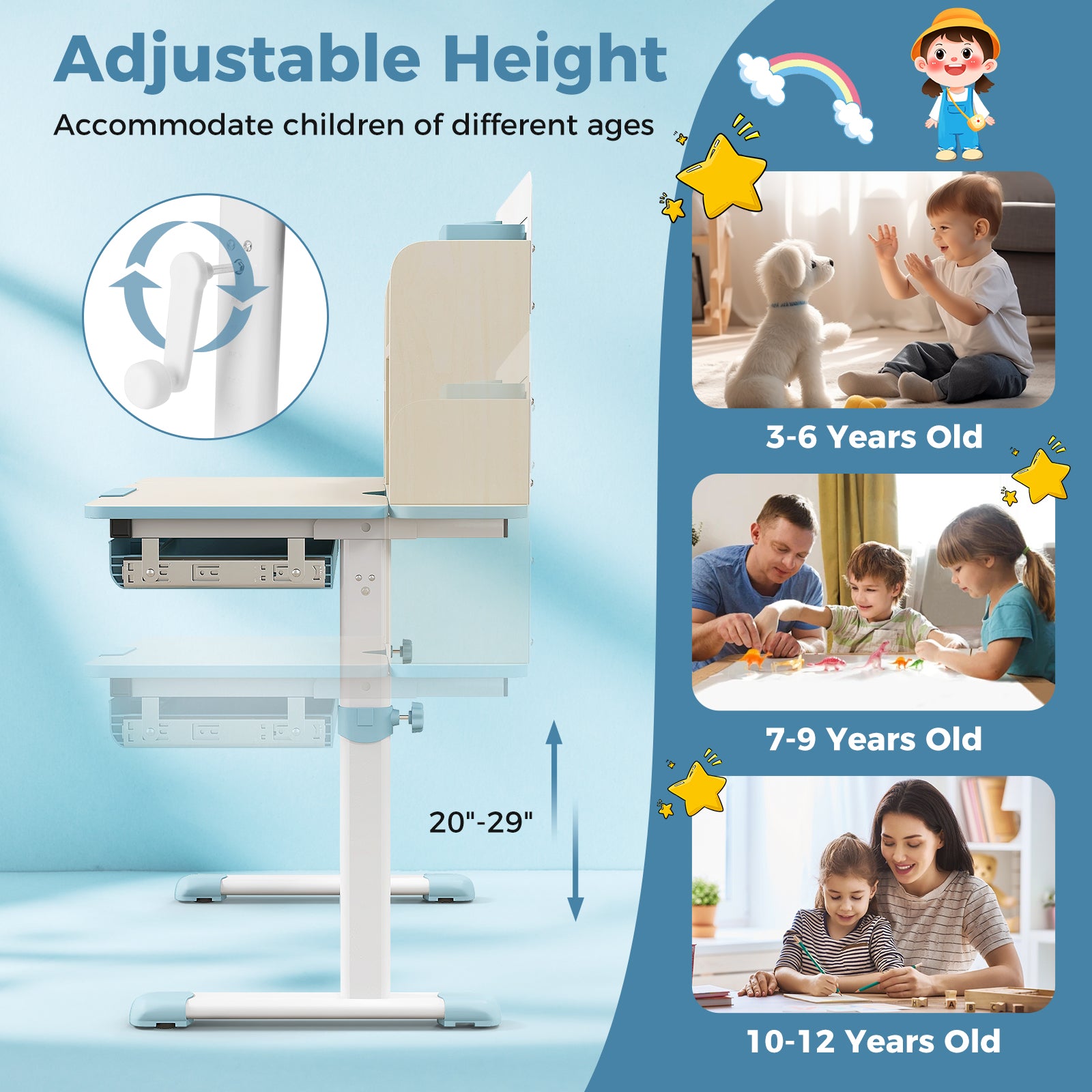 Height Adjustable Kids Study Desk with Tilt Desktop for 3-12 Years Old, Blue Kids Table & Chair Sets at Gallery Canada