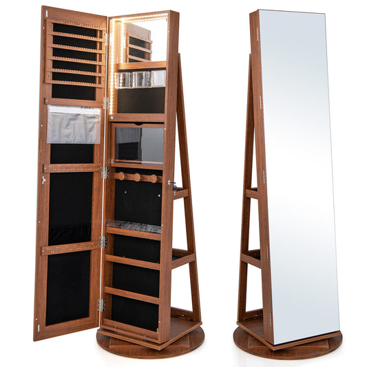 360° Rotating Mirrored Jewelry Cabinet Armoire 3 Color LED Modes Lockable, Dark Brown Jewelry Armoires Dark Brown at Gallery Canada