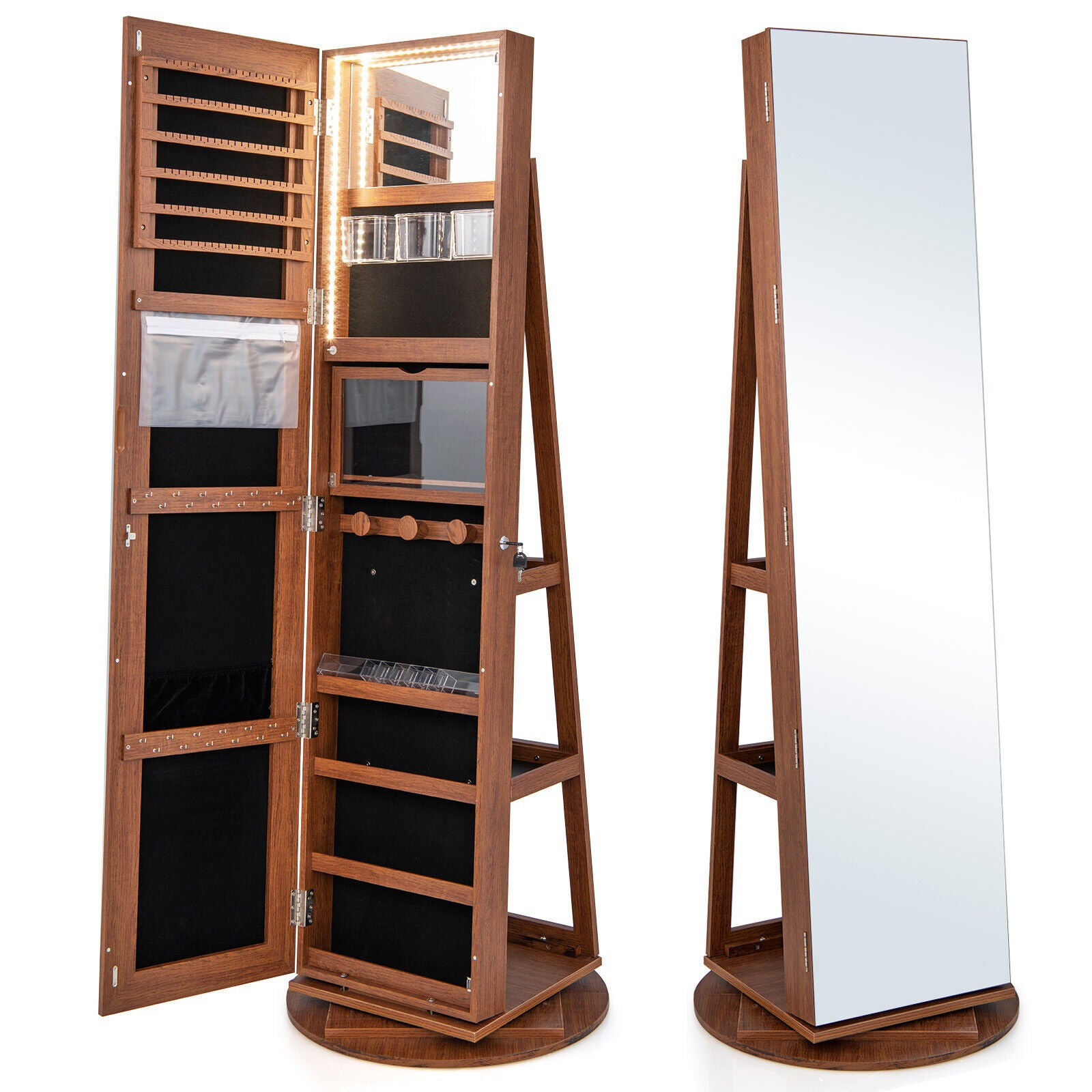 360° Rotating Mirrored Jewelry Cabinet, 3 LED Modes, Lockable, Dark Brown Jewelry Armoires Dark Brown at Gallery Canada
