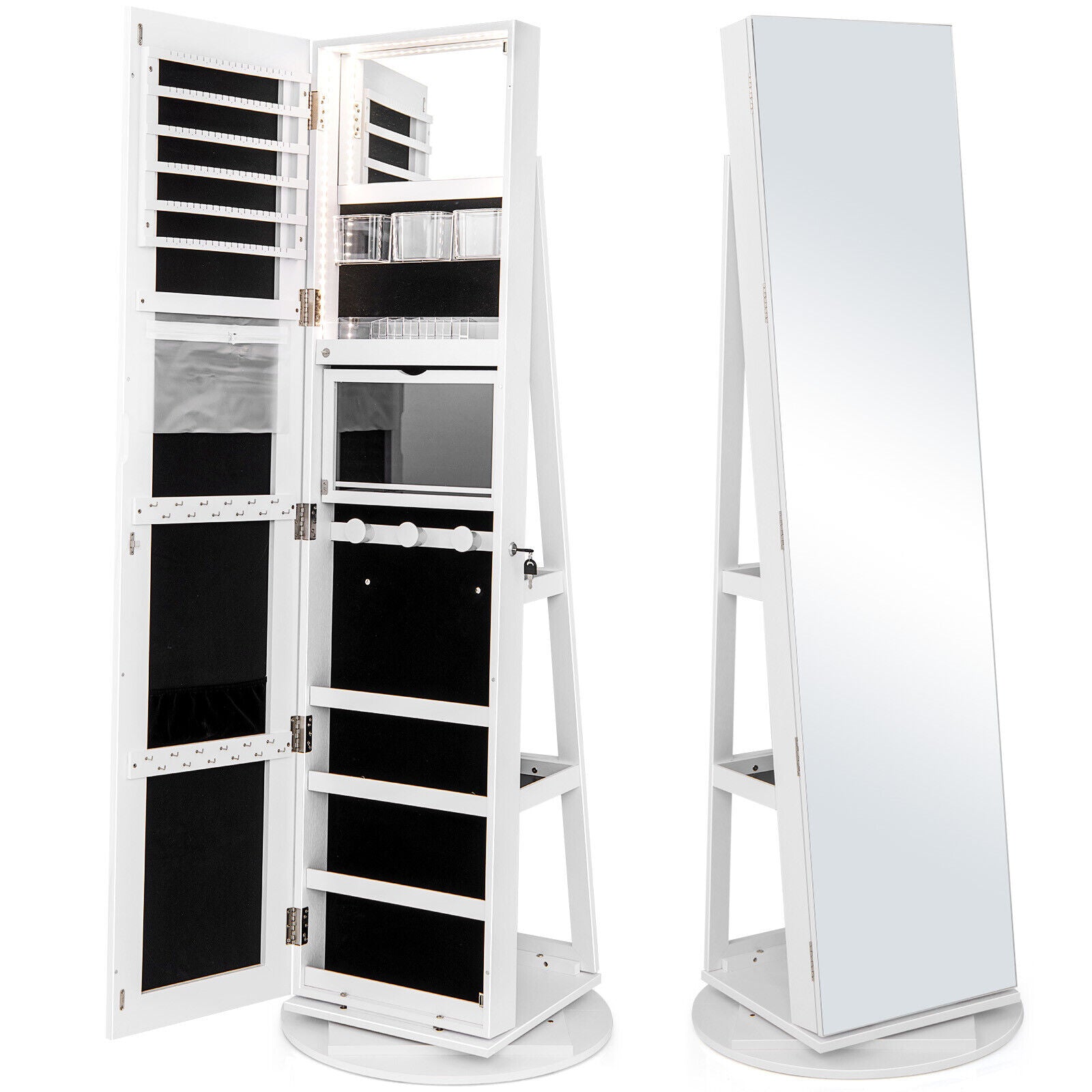360° Rotating Mirrored Jewelry Cabinet, 3 Color LED Modes, Lockable, White Jewelry Armoires White at Gallery Canada