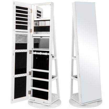 360° Rotating Mirrored Jewelry Cabinet, 3 Color LED Modes, Lockable, White Jewelry Armoires White at Gallery Canada