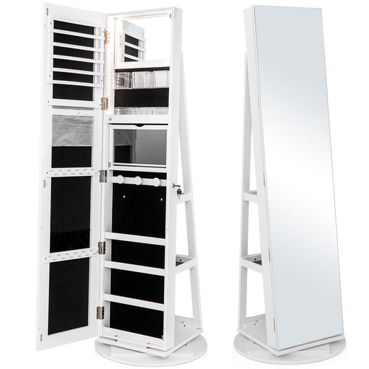 360° Rotating Mirrored Jewelry Cabinet, 3 Color LED Modes, Lockable, White Jewelry Armoires White at Gallery Canada