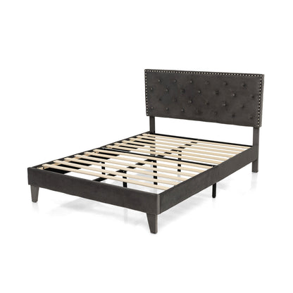 Full Queen Size Upholstered Platform Bed, Tufted Headboard, Gray Simple Bed Frame Gray at Gallery Canada