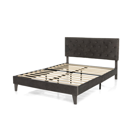 Queen Size Upholstered Platform Bed, Tufted Headboard, Gray Simple Bed Frame Gray at Gallery Canada